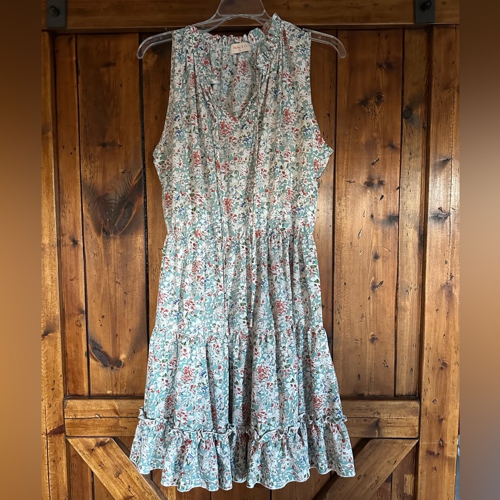 Floral Print Midi Dress in Green and Pink